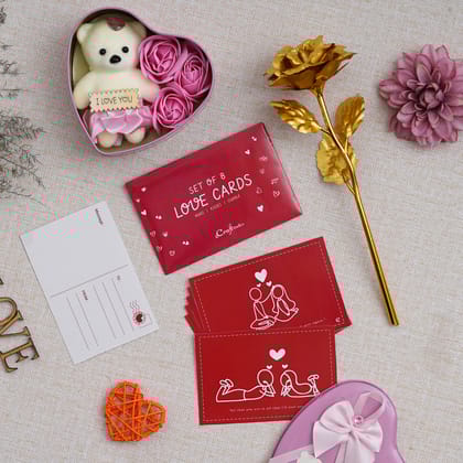 Valentine Combo of Pack of 8 Love Gift Cards, Golden Rose Gift Set, Pink Heart Shaped Gift Box with Teddy and Roses