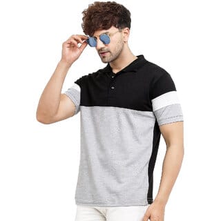 Leotude Men Black Color Block Cotton Blend Casual T-Shirt
