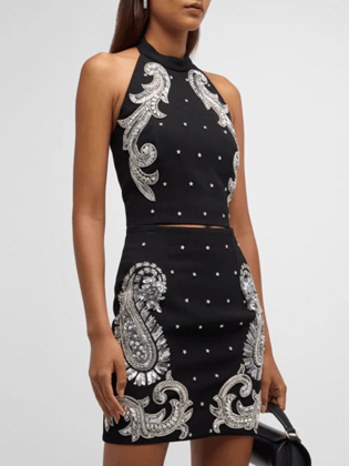 Paisley Sequined Embroidred Turtle Neck Crop Top & Skirt Coord Set-Black / S