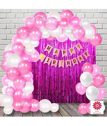 Kiran Enterprises Happy Birthday Banner ( Pink ) + 2 pc. Fringe Curtain ( Pink ) + 30 Metallic Balloon ( Pink, White )  Birthday Decoration Kit,  Birthday Decoration  items, Birthday Balloon Decoration Combo For Boys, Girls, Kids, Husband and Wife.