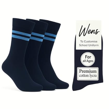Wens Strips School Socks for Girls, Boys, Kids & Men of All Ages (Pack of 3) | Heavy Elastic, Streachable & Comfortable Fit | Calf Length Uniform Socks | Anti Odour | Unisex   Navy Blue with SKY BLUE Stripes