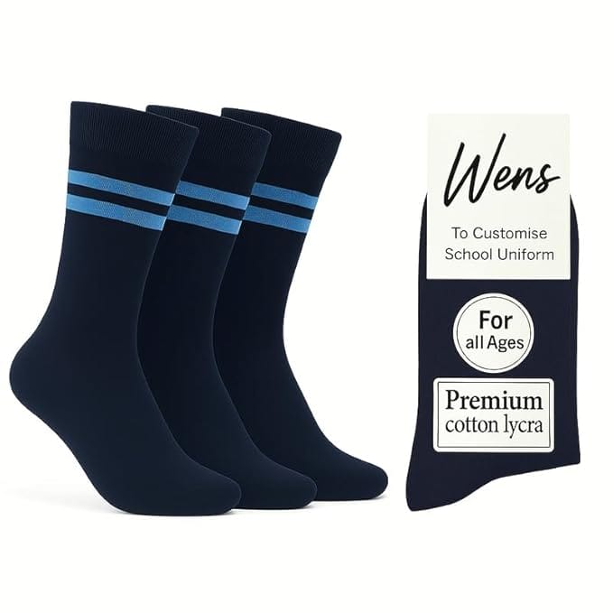 Wens Strips School Socks for Girls, Boys, Kids & Men of All Ages (Pack of 3) | Heavy Elastic, Streachable & Comfortable Fit | Calf Length Uniform Socks | Anti Odour | Unisex Navy Blue with SKY BLUE Stripes