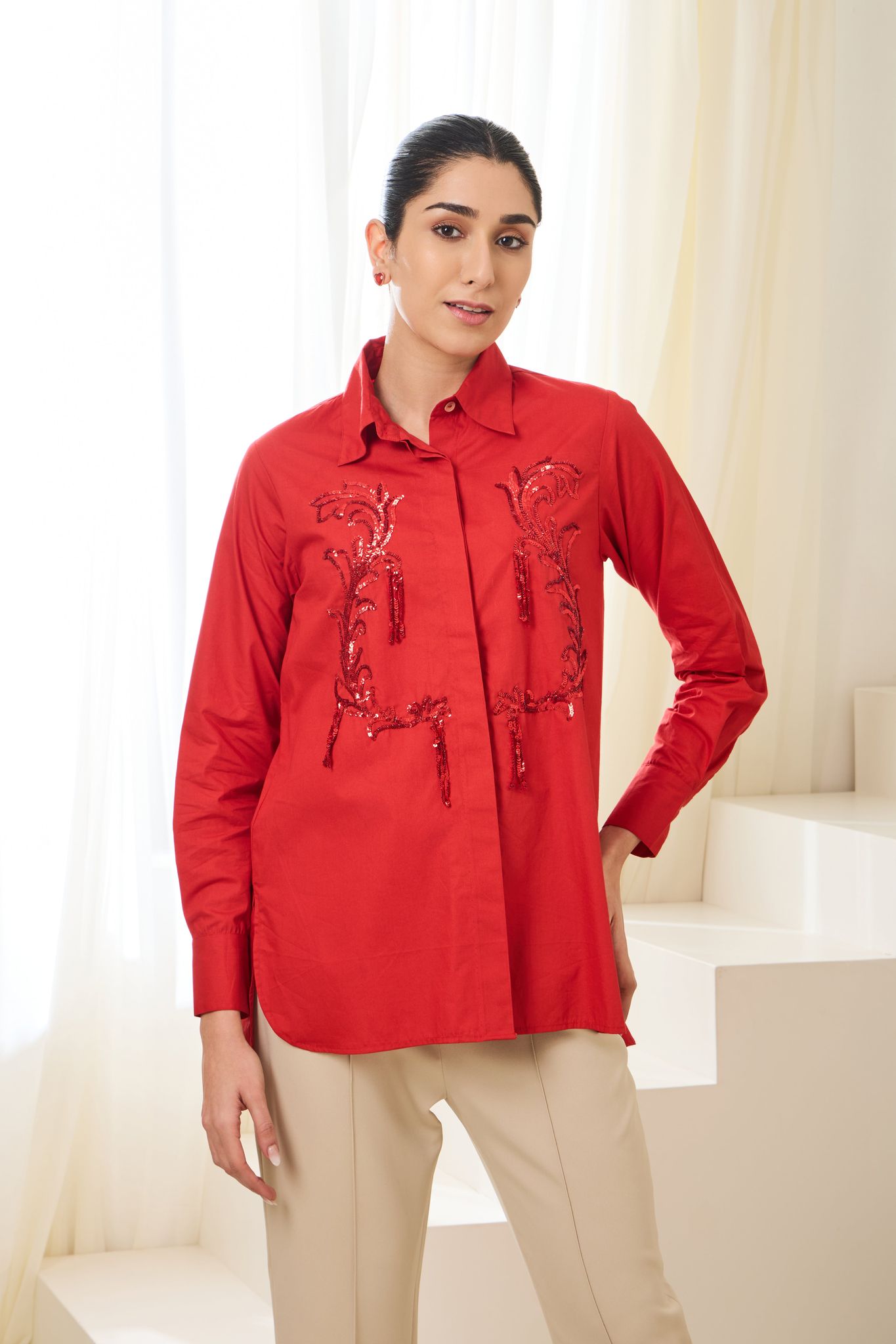 ROCOCO SEQUINED POPLIN SHIRT-Red / Poplin / XXS