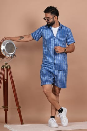 Charming Blue and White Stripe Print Katha Thread Work Co-ords Set-S / Blue / 100% Cotton