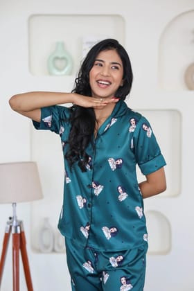 Night Wear Satin Bottle Green Color Quirky Printed Night Suit-s