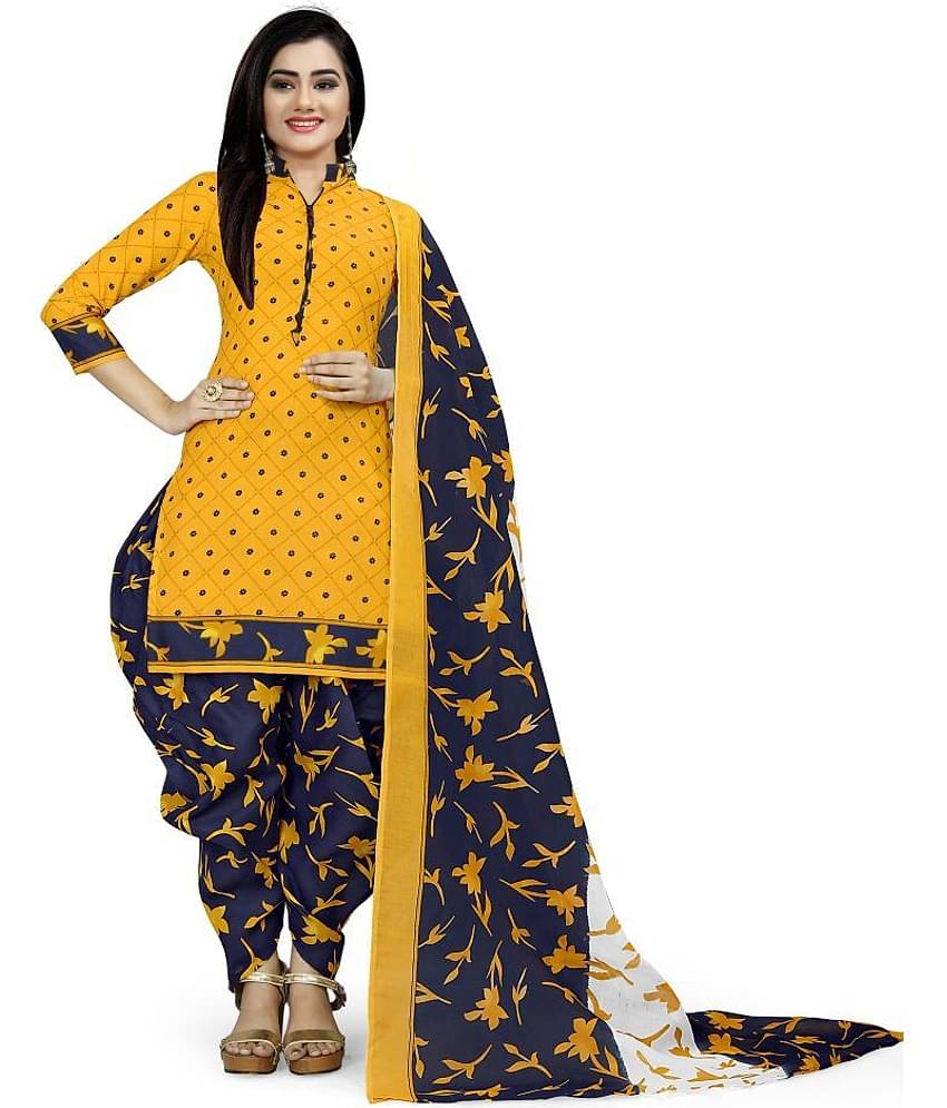 Rajnandini Unstitched Cotton Blend Printed Dress Material - Yellow ( Pack of 1 )