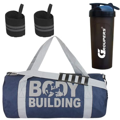 GROUPERS Duffle Canvas Bag with Shaker Bottle-700ml & Wrist BandlSports and Travel BaglSports Kitl (Blue)