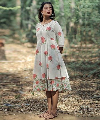White hibiscus handblock printed cotton dress