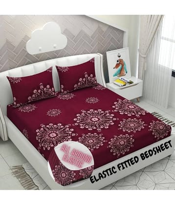 Apala Microfibre Floral Printed Fitted Double Bedsheet With 2 Pillow Covers- Maroon