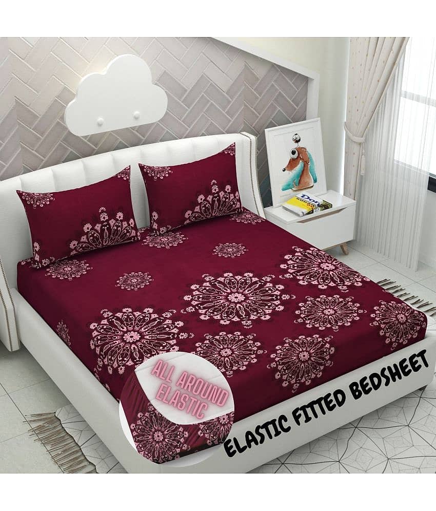 Apala Microfibre Floral Printed Fitted Double Bedsheet With 2 Pillow Covers- Maroon