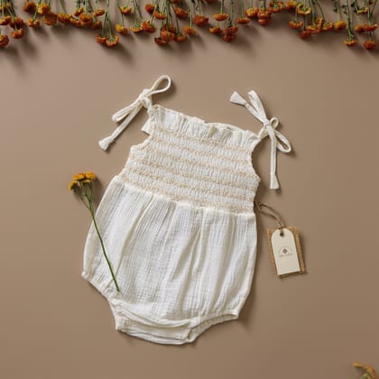 Poshaak Smocked Embroidery Baby Girl Bodysuit - Off-White-Off white / 3-6 months