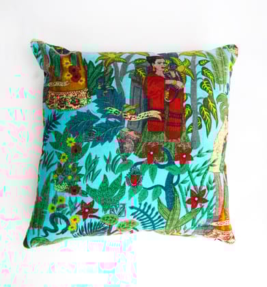 Frida Kahlo Velvet Cushion Cover-Turquoise-12 x 12 inches / Plain Cotton Backing