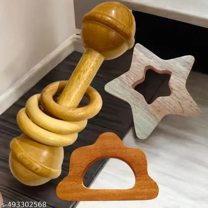 Baby Dumbbell Rattle with plus ring with Cloud and Star Shape Teether 100% natural neem wood