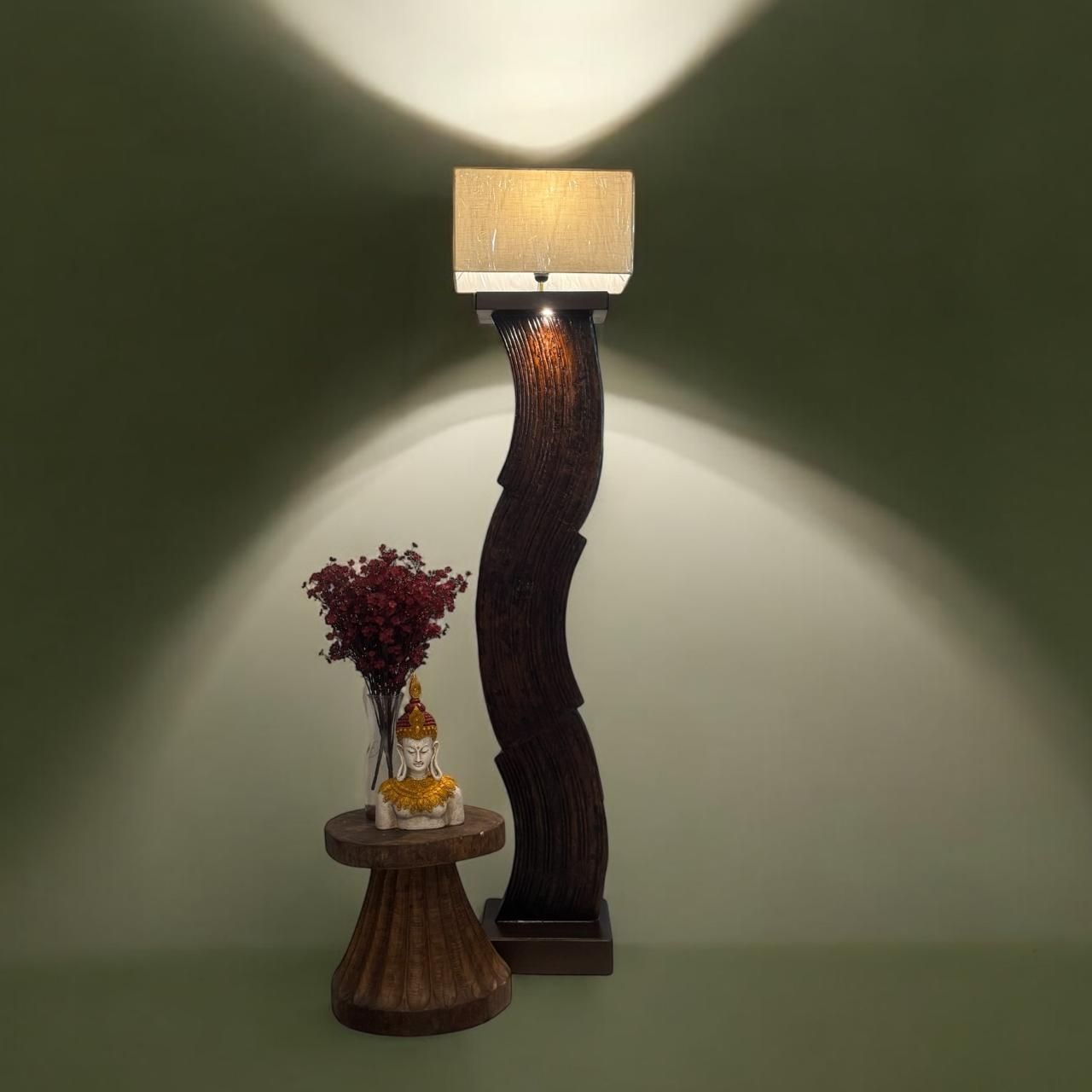 Tall, Curved Wooden Floor  Lamp with Textured Detail : Noor 41 ( Shade Included)