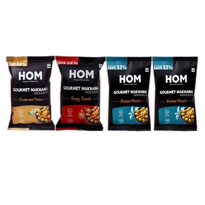Gourmet Makhana (Pack of 4) With Flavours of Pudina Masala, Cream & Onion , Tangy Tomato, Pudina Masala. - 56 gm