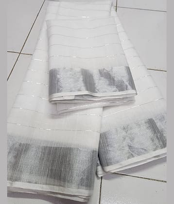 BAYUPRI Cotton Silk Striped Saree With Unstitched Blouse Piece ( White,Grey )