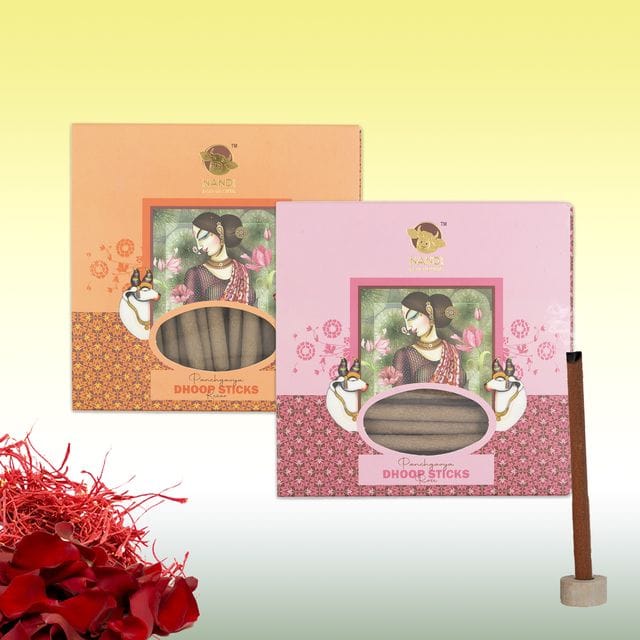 Nandi Panchgavya 100 Percent Cow Dung Dhoop Sticks for Pooja with Stand (Kesar & Rose Fragrance -100 Sticks)