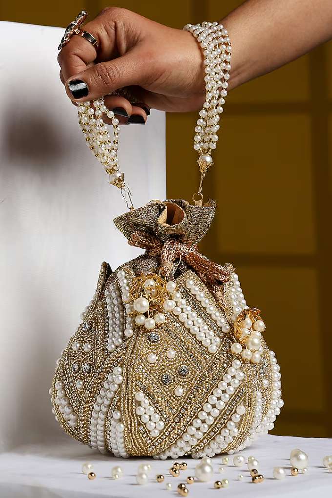 Gold Silk Bead & Pearl Work Potli