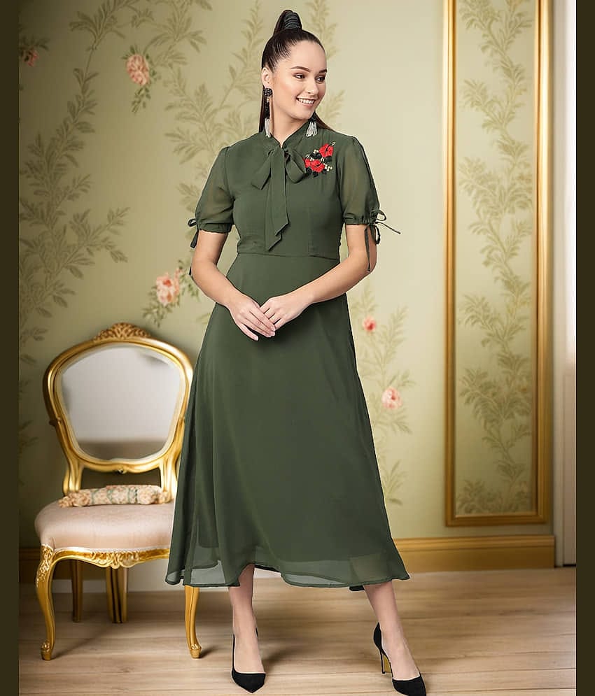 Zima Leto Women Polyester Solid Fit & Flare Dress ( Green )