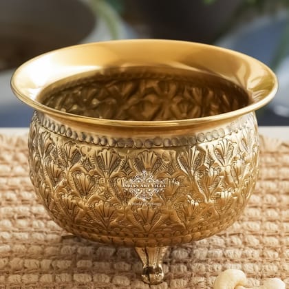 Pure Brass Handcrafted  Dry Fruits Bowl with 3 Legs And Embossed Flower Design-250ml