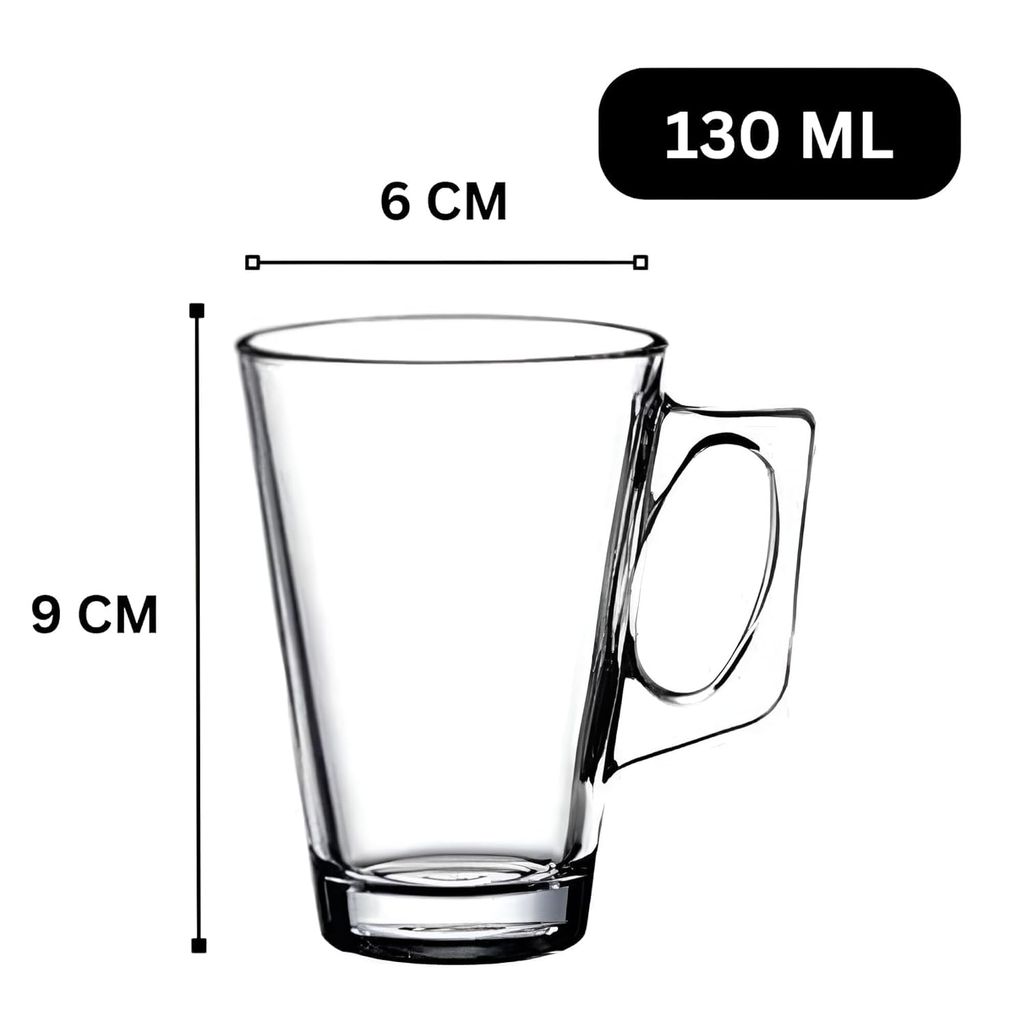 Glass Tea Cup 130 ML Coffee Mug with Handle Transparent Glass Mug Set for Coffee, Tea, Milk, Hot & Cold Drinks | Pack of 6