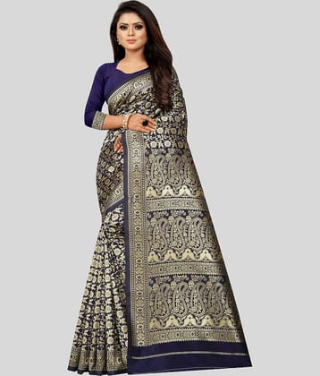 Gazal Fashions Banarasi Silk Embellished Saree With Unstitched Blouse Piece ( Navy Blue )