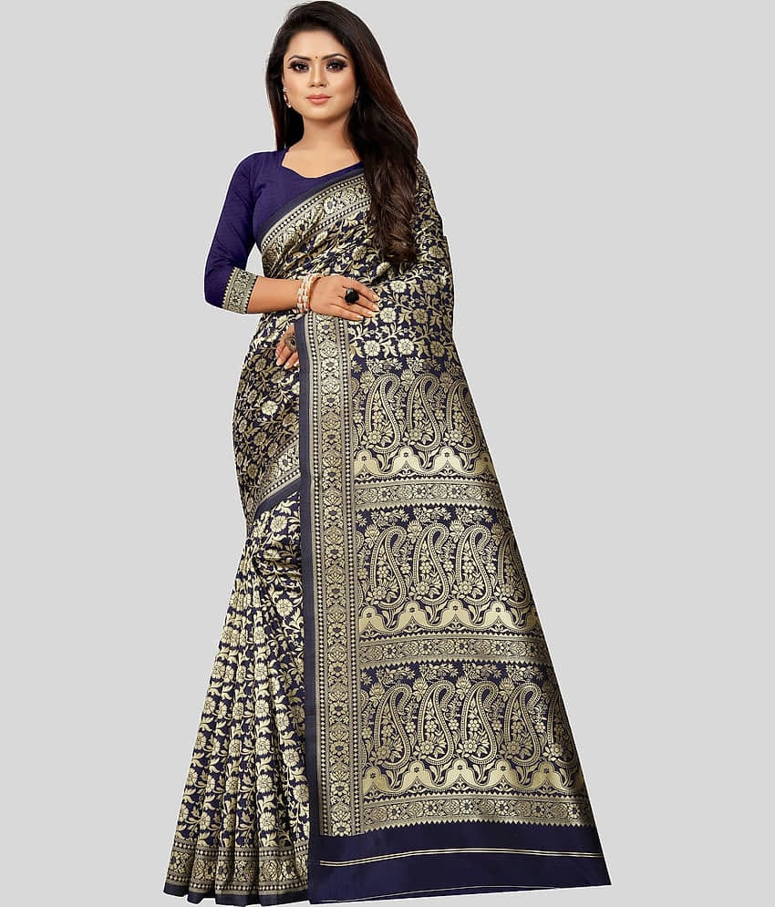 Gazal Fashions Banarasi Silk Embellished Saree With Unstitched Blouse Piece ( Navy Blue )