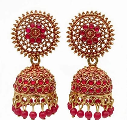 Vardaan Crystalx Stunning gold jhumkas adorned with vibrant red ruby stones and dangling beads timeless elegance for every traditional celebration. Perfect for every women for every occasion Vardaan Crystalx Stunning gold jhumkas adorned with vibrant red ruby stones and dangling beads timeless elegance for every traditional celebration. Perfect for every women for every occasion