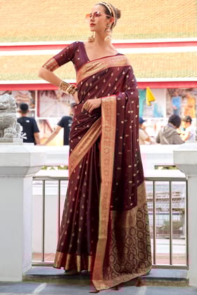 Brownish Purple Zari Woven Banarasi Satin Silk Saree