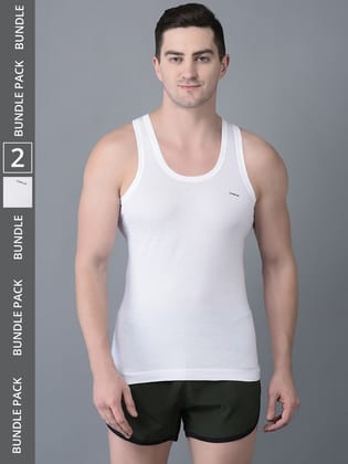 Men's White Pack of 2 Solid Combed Cotton Shrinkless Vest