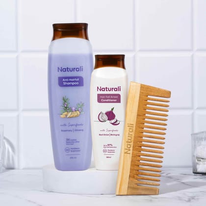 Naturali Anti-Hairfall Shampoo + Hairfall Arrest Conditioner + Wooden Neem Comb-370ml+180ml+1piece