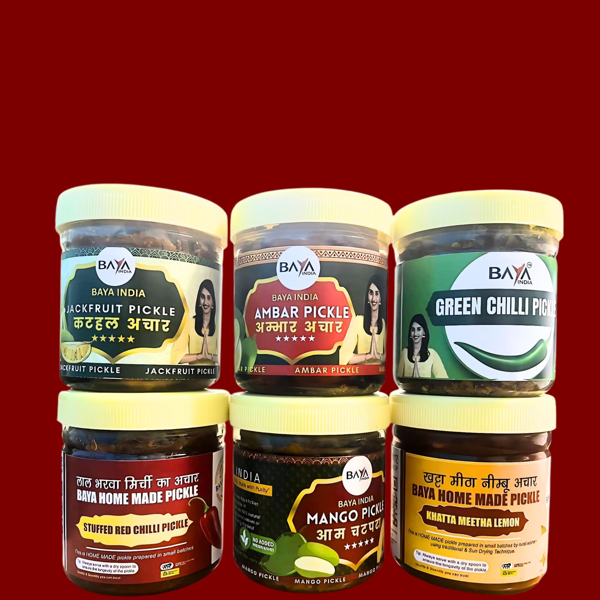 Baya India Homemade Pickle Combo 6 Flavors (250g Each) | Traditional Taste | No Chemicals & Preservatives | Authentic Indian Achaar