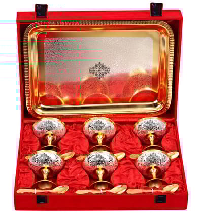 Silver Plated Gold Polished, Set of 6 Ice Cream Bowl & 6 Spoon & Tray