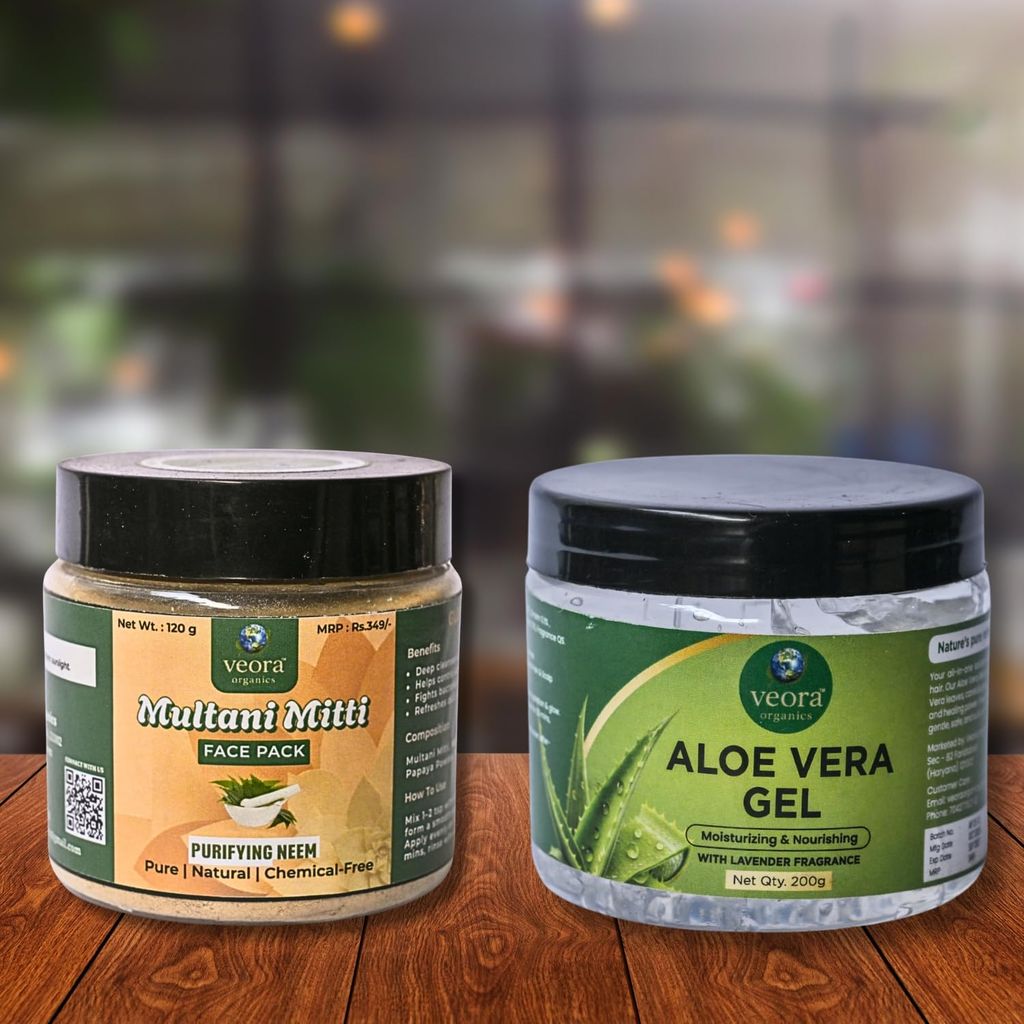 Veora Organics Neem Multani Mitti Face Pack & Aloe Vera Gel Combo | Purifying Deep Cleansing Face Mask with Hydrating Aloe Vera Gel | Acne Care, Oil Control & Skin Nourishing | Natural Chemical-Free Skincare | 120g + 200g