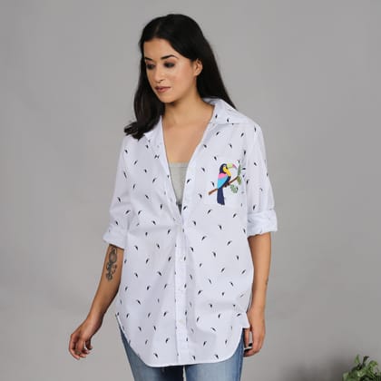 White toucan print shirt with embroidery on the pocket-XS