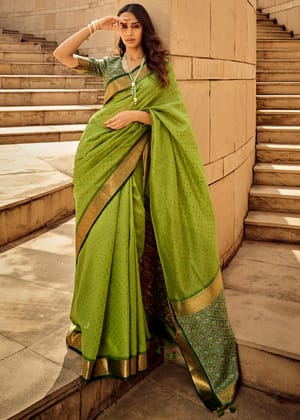 Bright Lime Green Woven Banarasi Patola Silk Saree