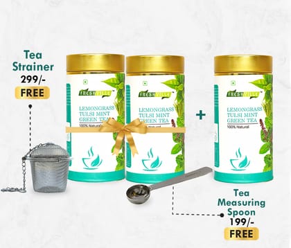 Freshville Lemongrass Tulsi Mint Green Tea | Pure & Natural | Immunity Booster | Control Cholesterol | Heart Health | Lemongrass, Tulsi leaves, Mint, Green tea Tin (100g).3 Month Pack