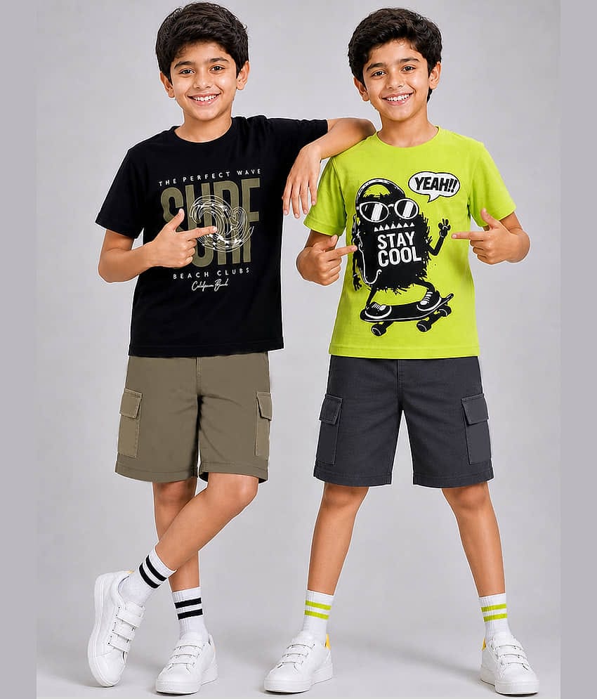 Kuchipoo Boys Cotton Blend T-Shirt & Shorts Set ( Multicolor 2 , Pack of 2 )
