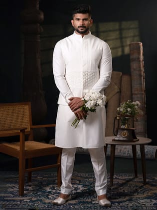 White Cotton Jacket Kurta Set-XS/36 / Pajama set