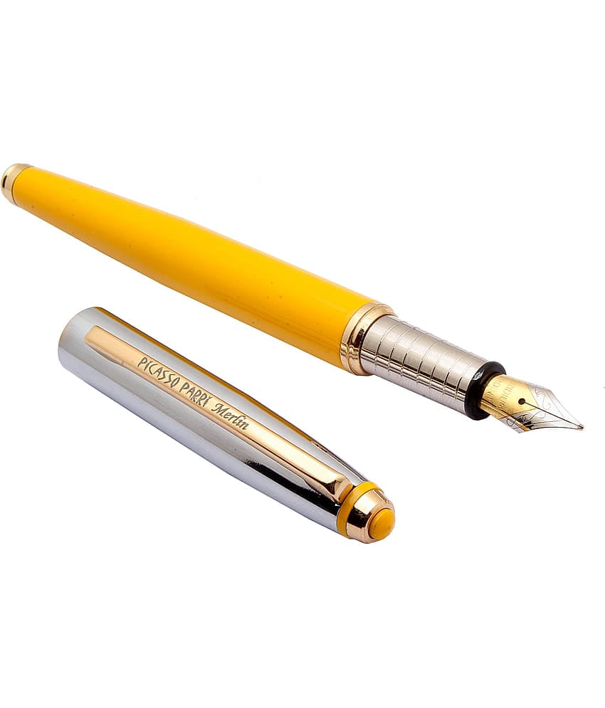 Srpc Merlin Yellow Metal Body Fountain Pen With Steel Cap & Golden Trims Medium Nib