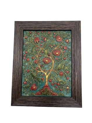 Framed Tree of Life Wall Art, Tree Green, Textured Relief, Wooden Frame, Square Size-(36 * 36cm)