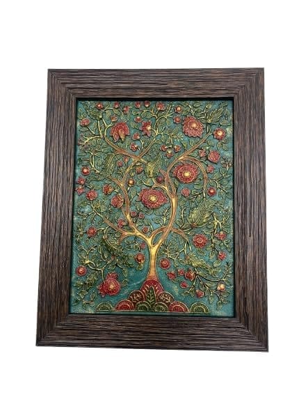 Framed Tree of Life Wall Art, Tree Green, Textured Relief, Wooden Frame, Square Size-(36 * 36cm)