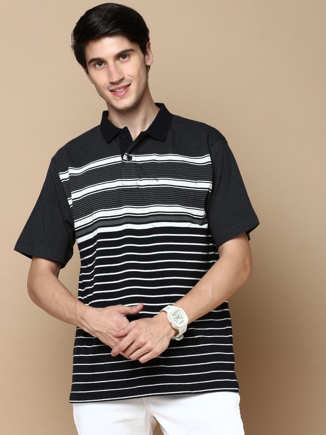 Classic Polo Men's Half Sleeve Black/White Polo Neck Cotton Authentic Fit T Shirt | AVON - 591 B AF P
