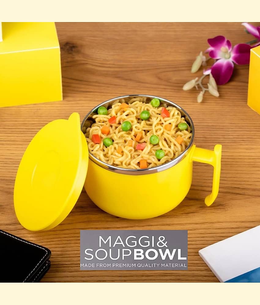 forral Multipurpose Stainless Steel Maggie & Soup Bowl- Noodle Bowl with Airtight Lid, Handle, Spoon Holder with Spoon & Fork for Tableware Pasta, Soup, Food Container Mug for Kitchen, Picnic