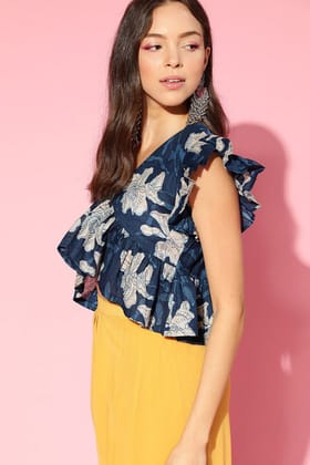 Blue Cotton Floral Print Peplum Crop Top VT1165 Blue Cotton Floral Print Peplum Crop Top VT1165