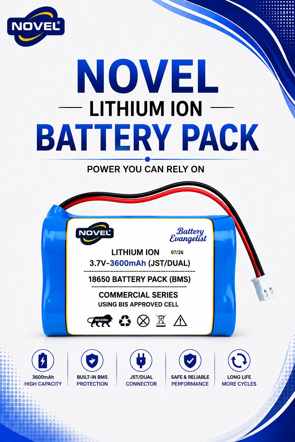 NOVEL 3.7V BMS 18650 LITHIUM ION DUAL BATTERY PACK WITH JST 2PIN- 3600mAh