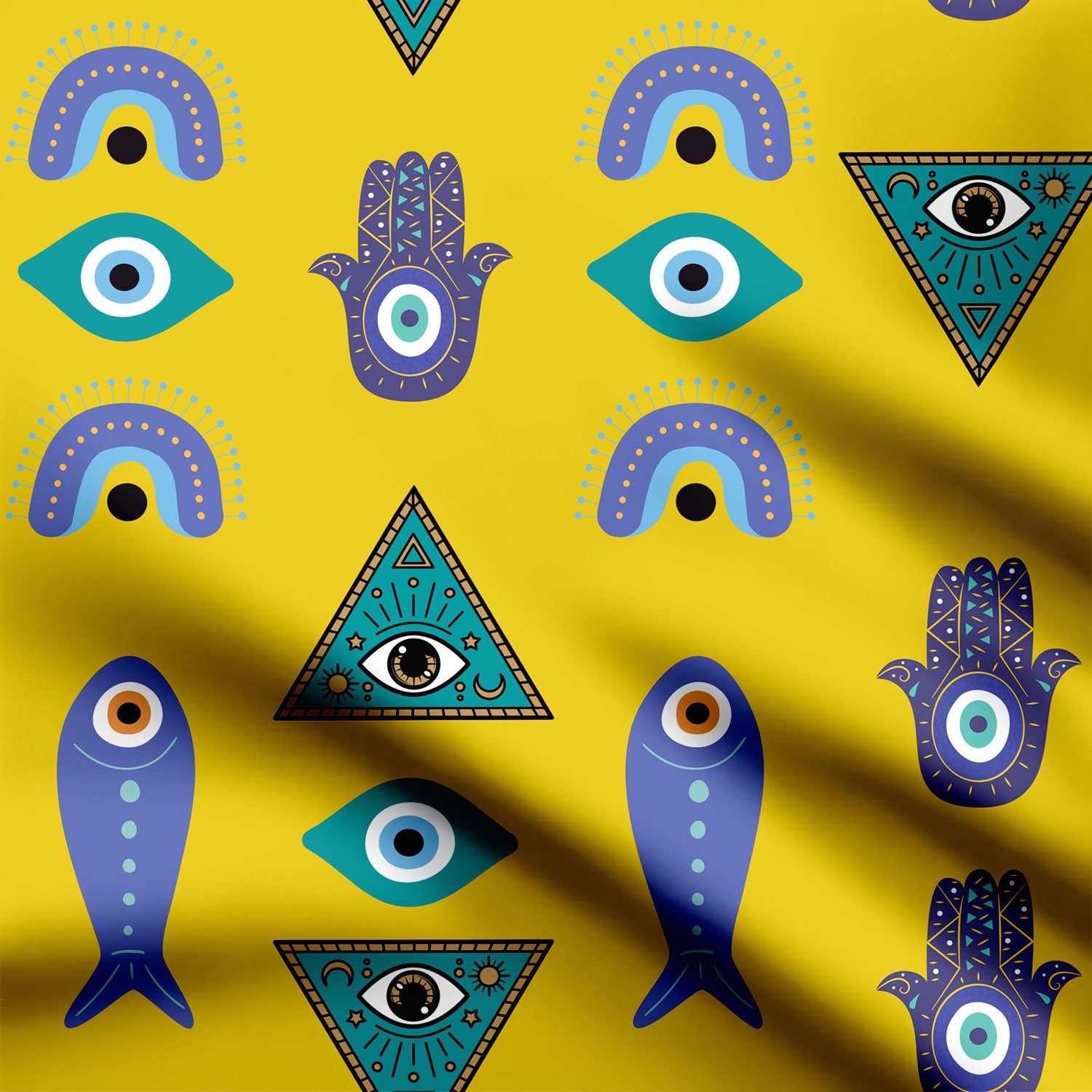 Evil Eye design Natural Crepe Fabric