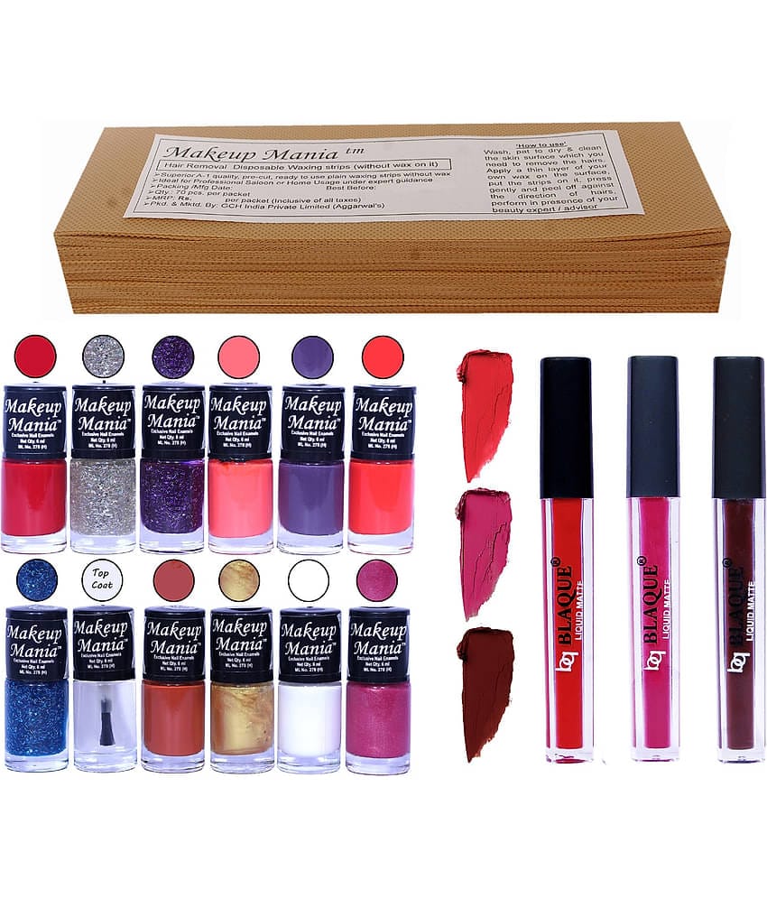 Makeup Mania Combo of 12 Nail Polish, 3 Liquid Matte Liptick, 1 Pkt Wax Strip Makeup Kit 800
