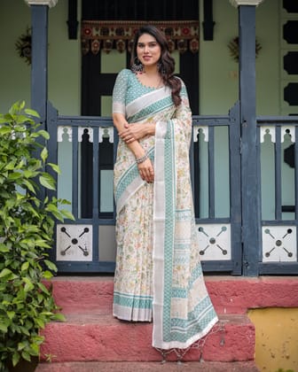 Elegant Floral Printed Pure Cotton Linen Saree in Ivory with Teal Border and Blouse, Tassels on Edges-Regular
