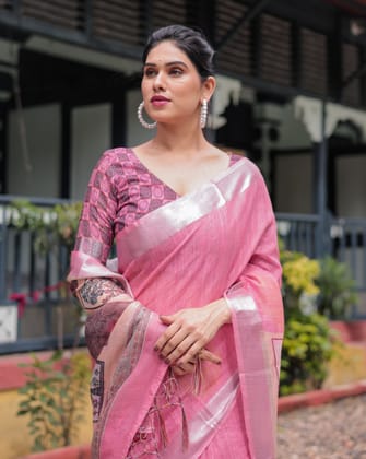 Pink Pure Cotton Linen Saree with Floral and Nature Print, Silver Border & Tassels-Regular
